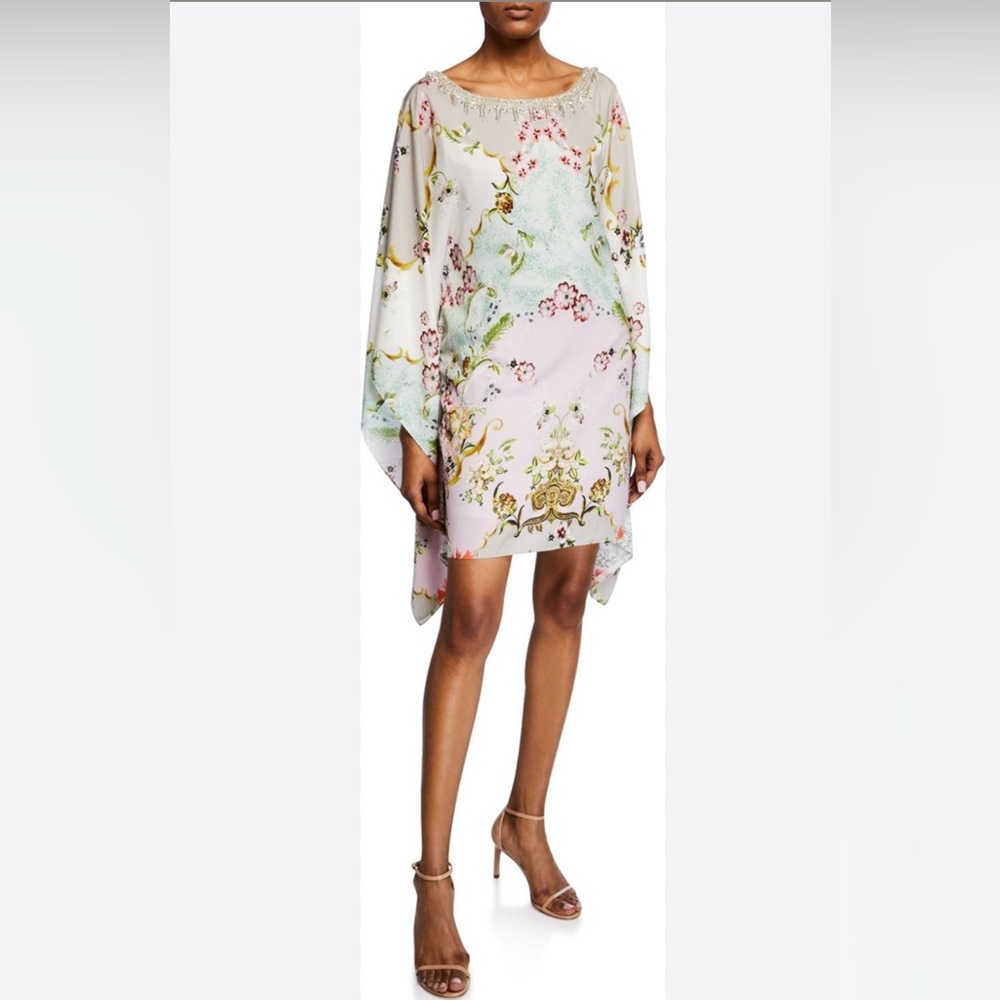 BADGLEY MISCHKA ALICE PRINT EMBELLISHED NECKLINE-TRIM SHORT CAFTAN SIZE XL